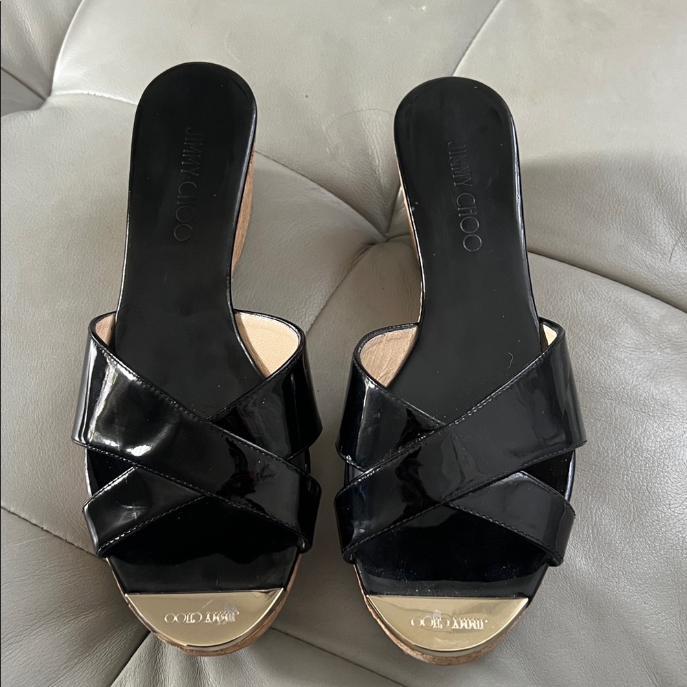 Jimmy Choo Black Mules with Glossy Crisscross Straps